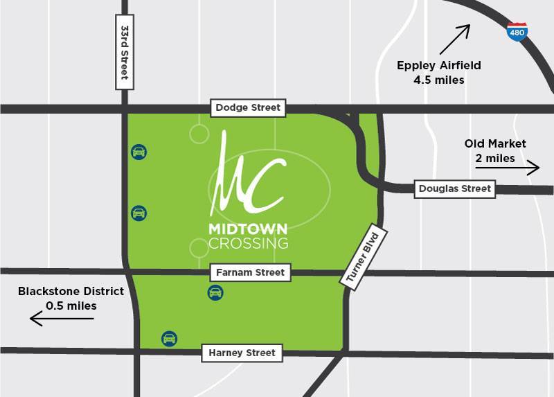 Illustrative map with directions to Midtown Crossing