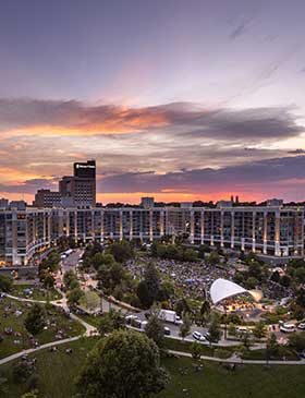 View of Midtown Crossing and Turner Park in the summer