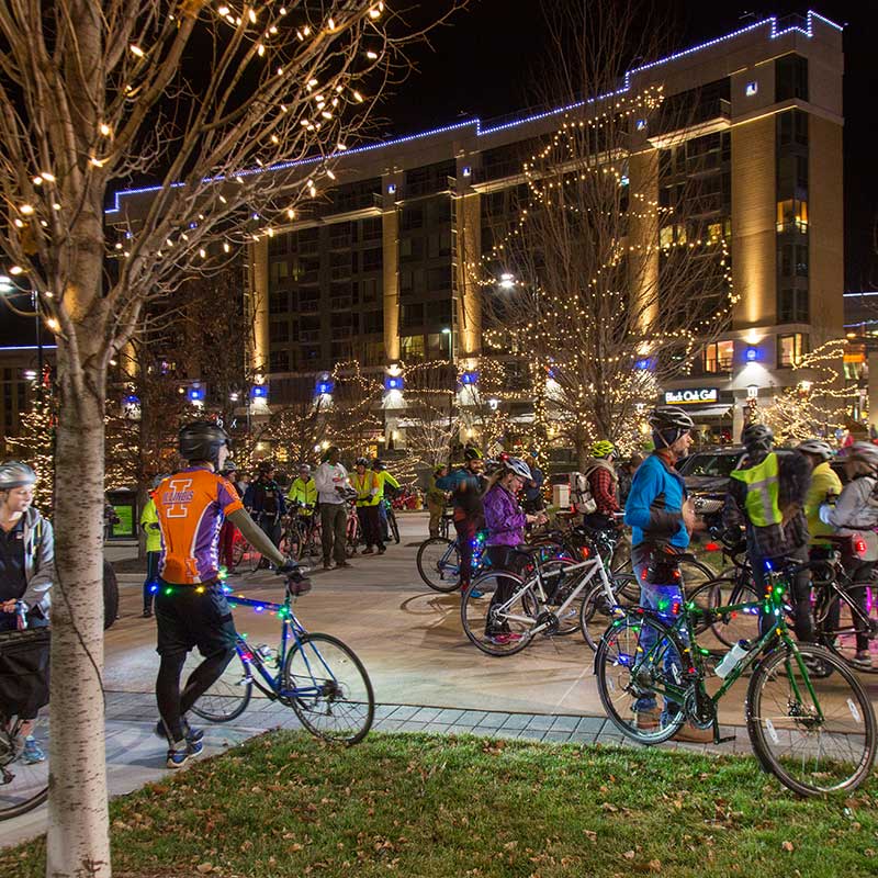 Bicyclists in Turner Park during the holidays