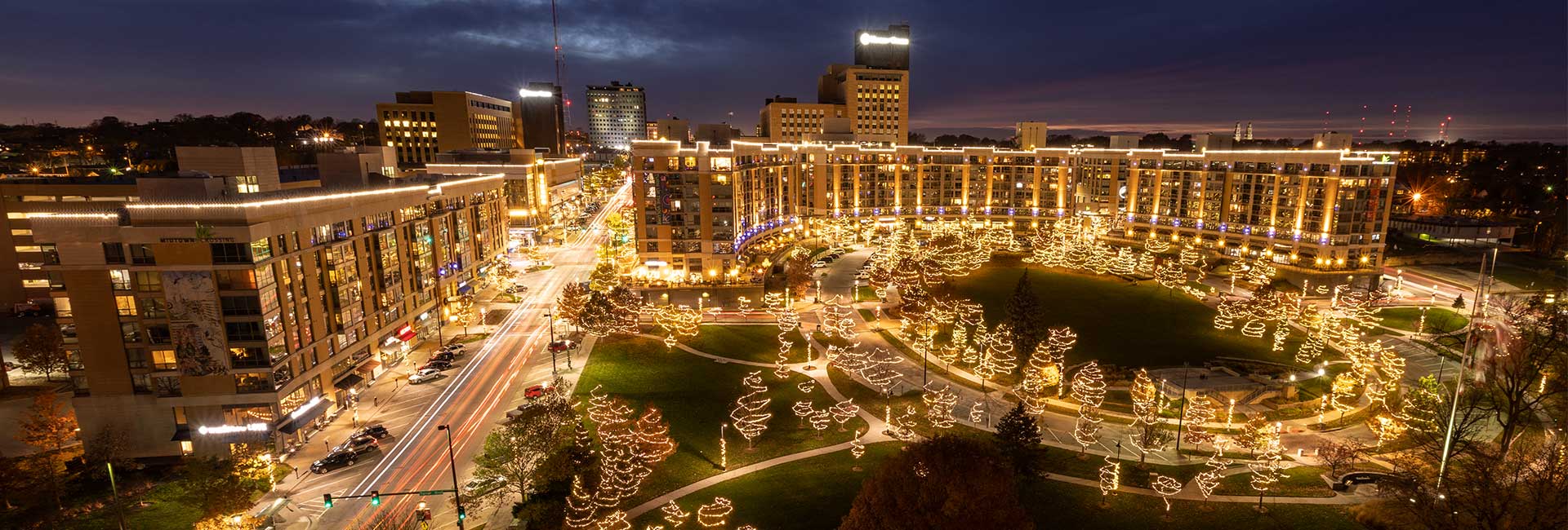 Aerial view of Turner Park holiday lights in Omaha, NE
