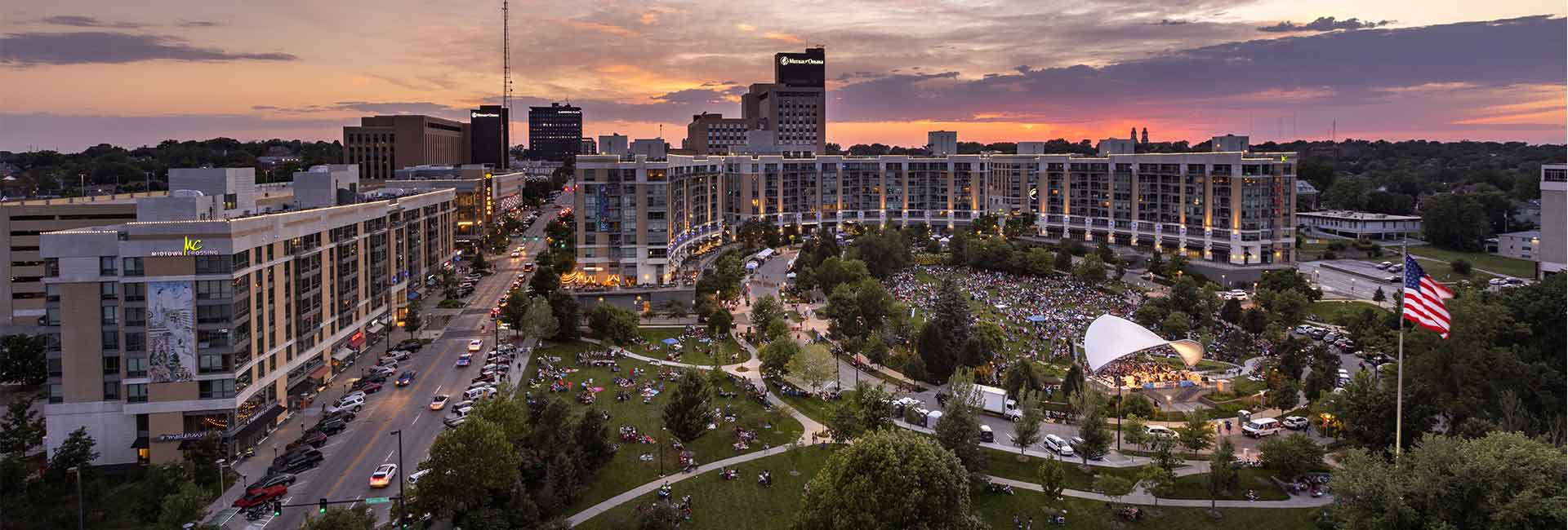 Aerial view of Turner Park at Midtown Crossing during Jazz on the Green