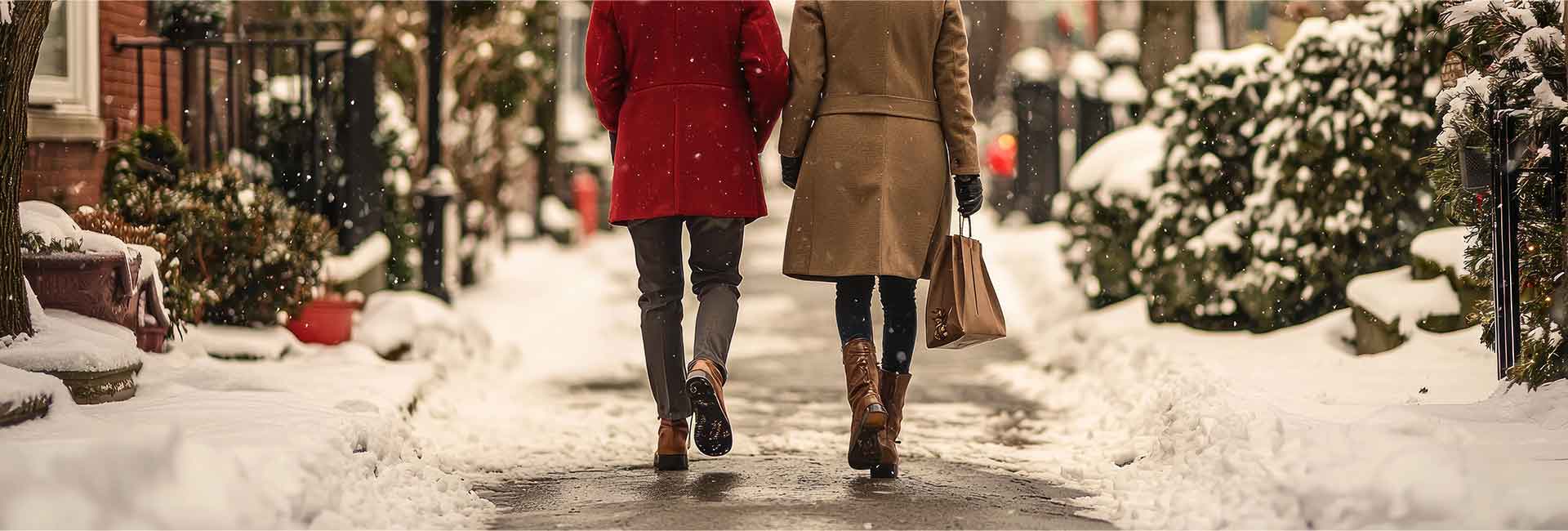 People walking on snowy sidewalk